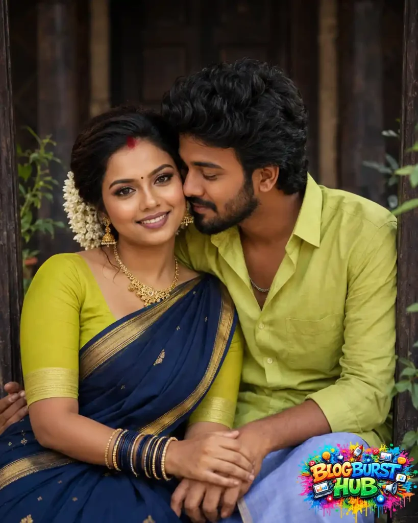Romantic couple sitting together as the man kisses the woman's cheek in traditional Indian outfits