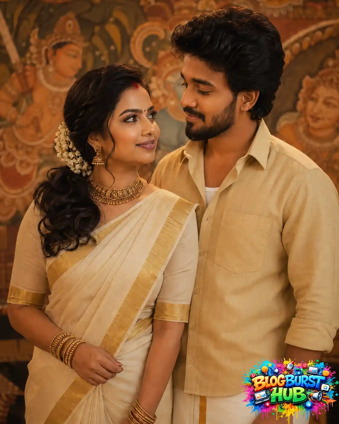 Indian couple posing romantically together in traditional Kerala-style clothing and looking at each other