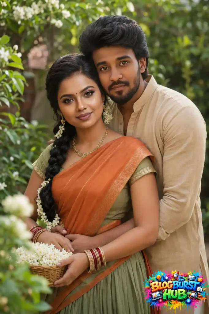 Indian couple posing together in a garden with flowers and traditional outfits