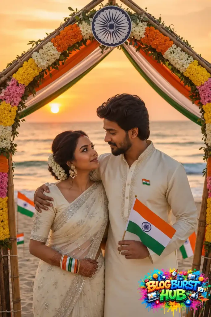 Indian couple posing at the beach with an Indian flag during Independence Day