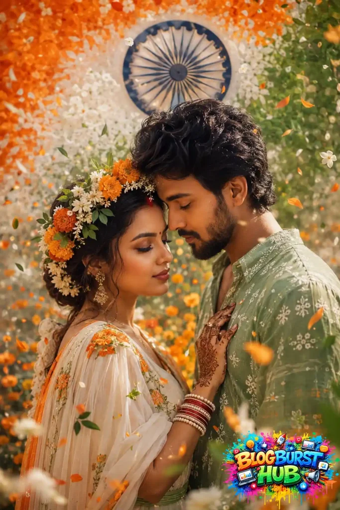 Indian couple sharing a romantic moment surrounded by tricolor flowers