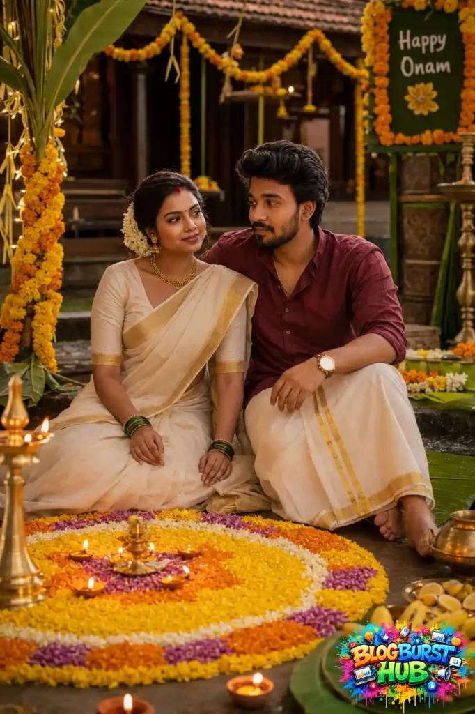Romantic Kerala couple sitting beside a colorful Onam pookalam