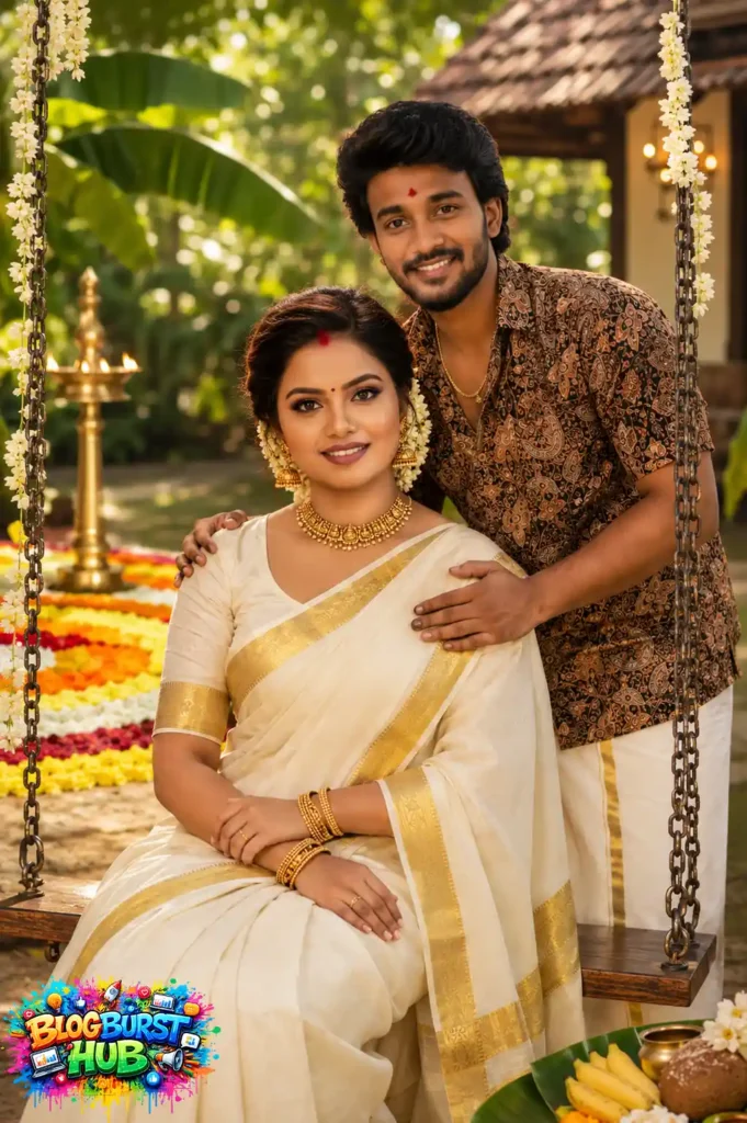 Kerala Onam couple sitting on a flower-decorated traditional swing