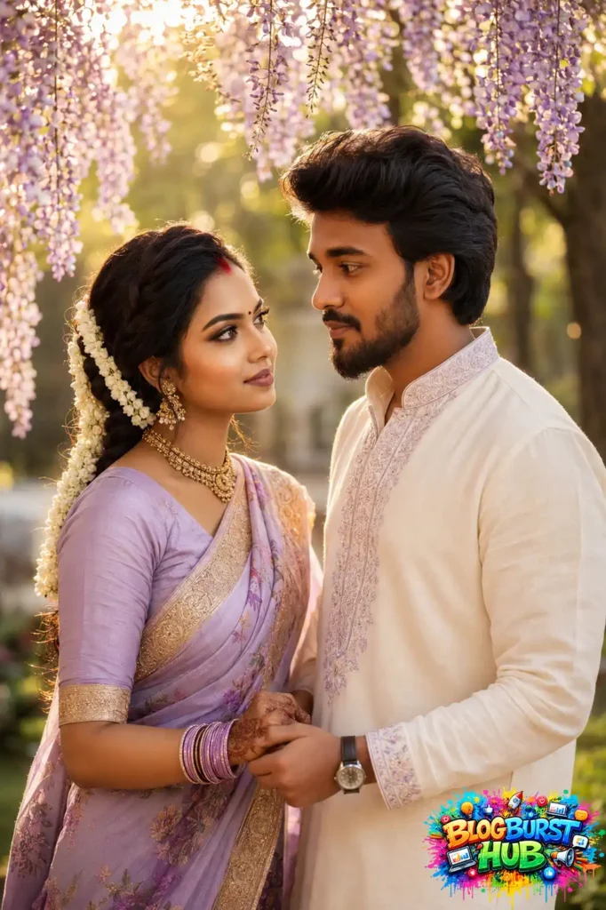 Indian wedding couple holding hands beneath blooming lavender flowers during sunset.
