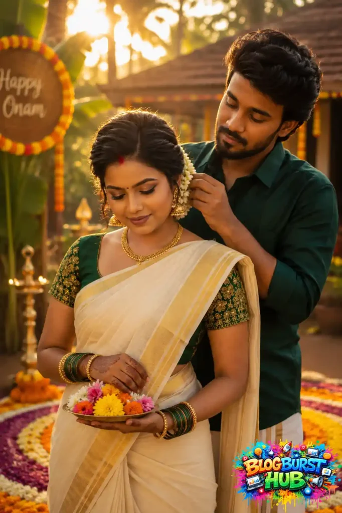 Kerala couple sharing a romantic moment while arranging flowers for Onam