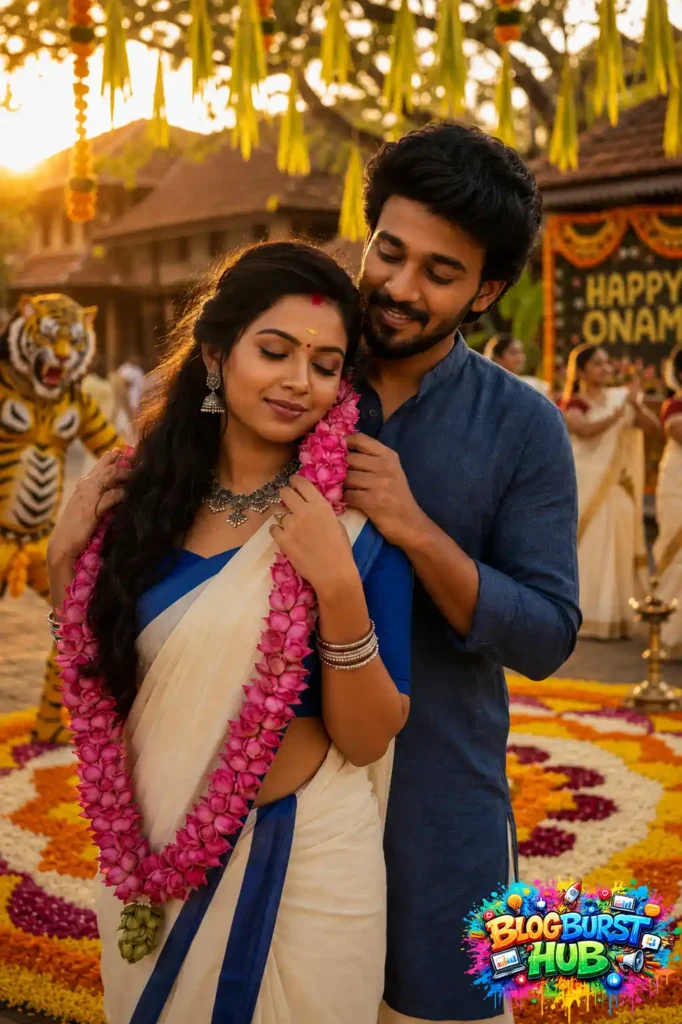 Romantic Kerala couple celebrating Onam at a colorful village festival