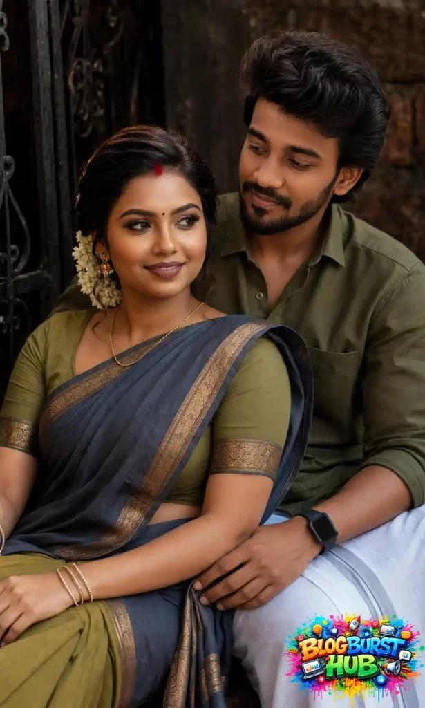 Couple sitting together with the man embracing the woman from behind in traditional outfits
