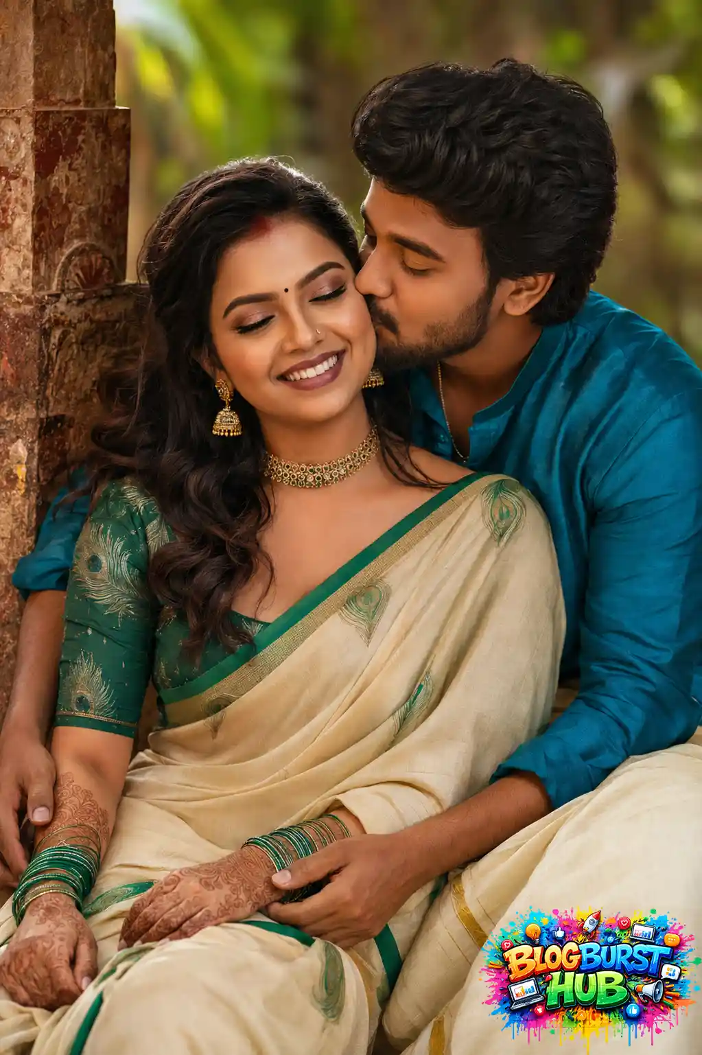 Couple sitting together as the man kisses the woman's cheek in traditional Indian clothing