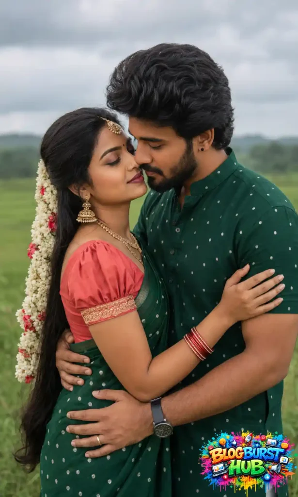 Couple sitting close together and looking into each other's eyes in traditional Indian clothing