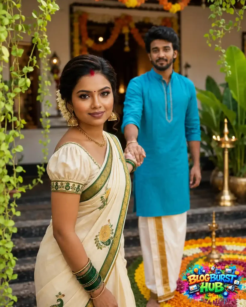 Stylish Kerala couple in Kasavu saree and patterned shirt posing beside an Onam pookalam