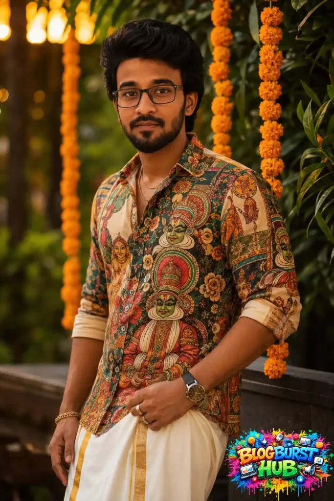 Young man wearing printed Kerala shirt and mundu for Onam