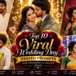 Top 10 viral wedding day photo prompts featuring romantic AI-generated wedding couple portraits with cinematic lighting and stunning South Asian wedding photography inspiration.