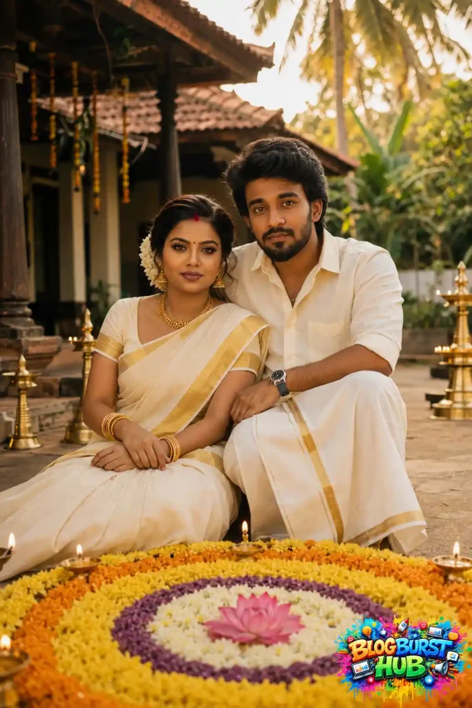 Traditional Kerala couple sitting beside a large Onam pookalam