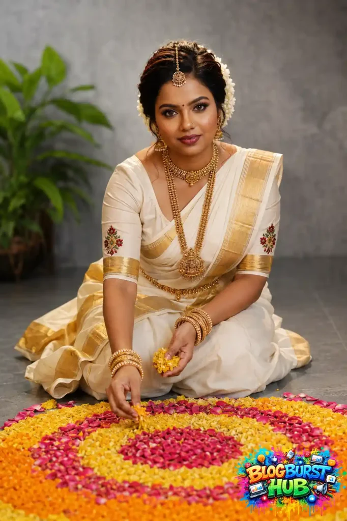 Woman in white and gold Kerala saree arranging flowers for Onam pookalam