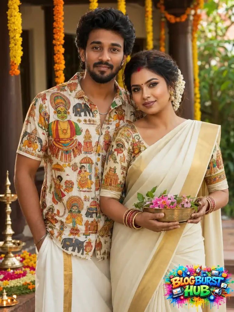 Kerala couple wearing traditional Onam outfits beside a decorated home
