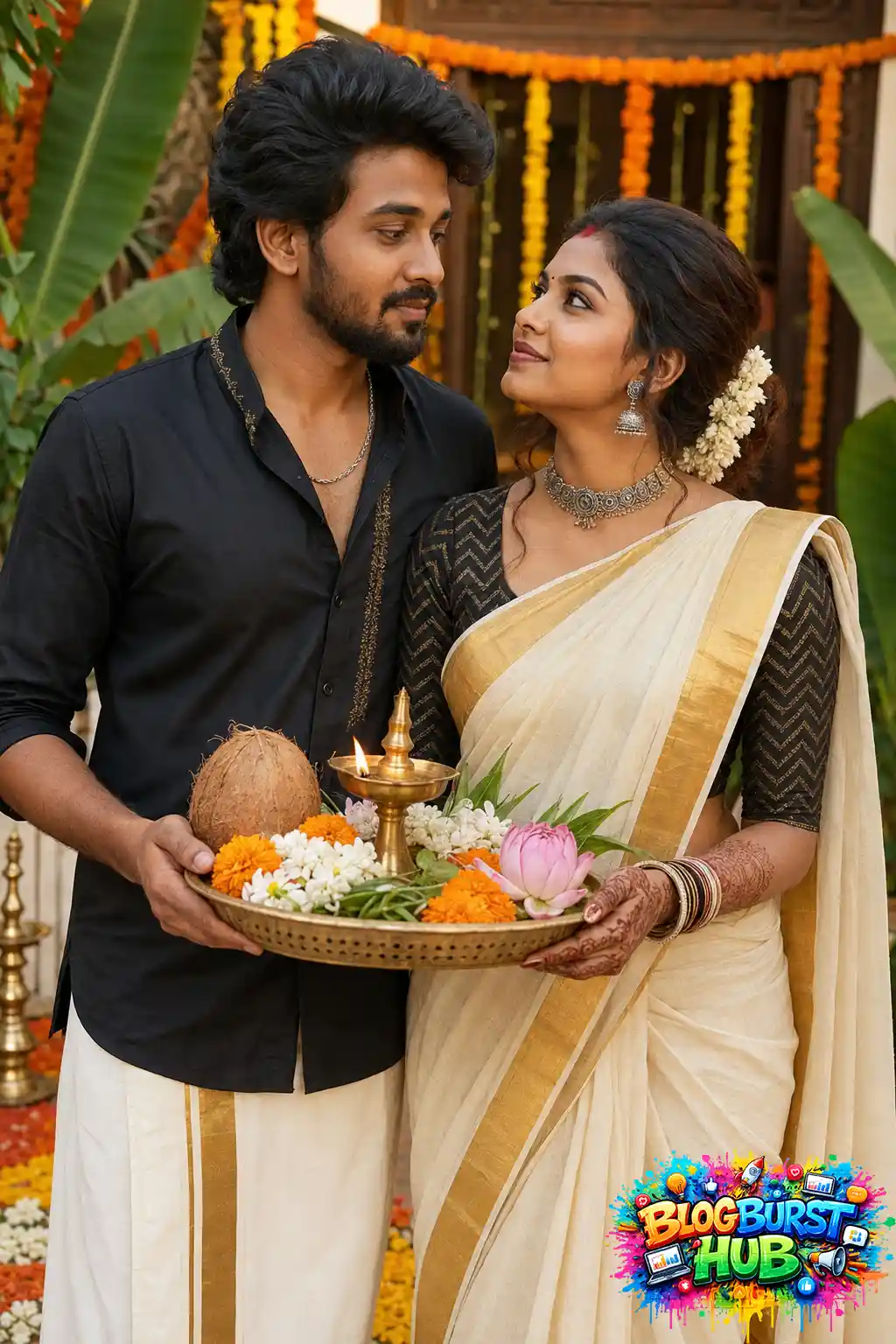Kerala couple holding flowers and traditional lamp during Onam