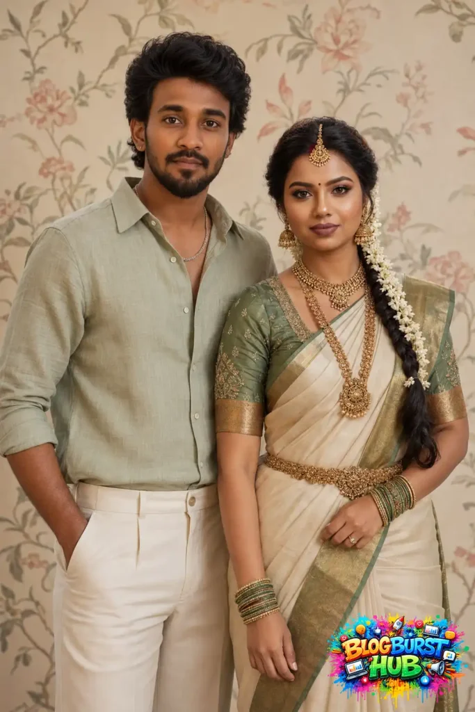 Elegant South Indian couple wearing traditional saree and pastel attire in a floral backdrop.