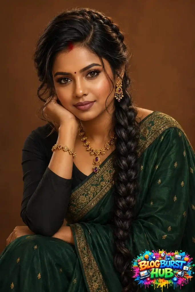 AI digital illustration of a woman wearing a green saree and traditional gold jewelry