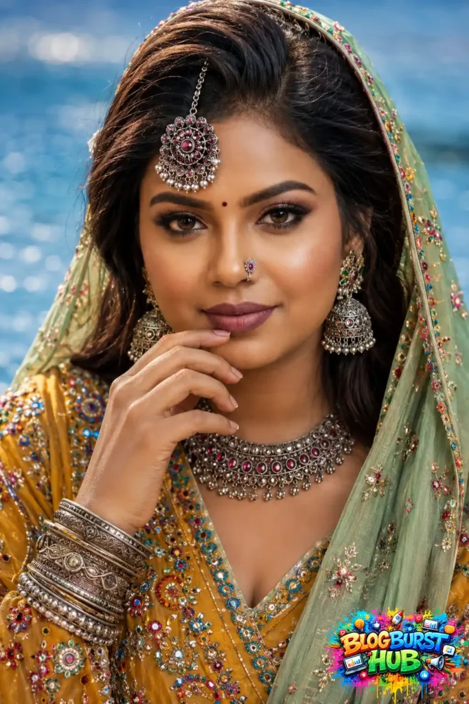 Indian bride wearing colorful embroidered saree with traditional jewelry
