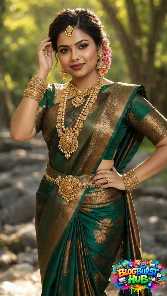 Indian woman wearing an emerald green saree with traditional gold jewelry in a forest