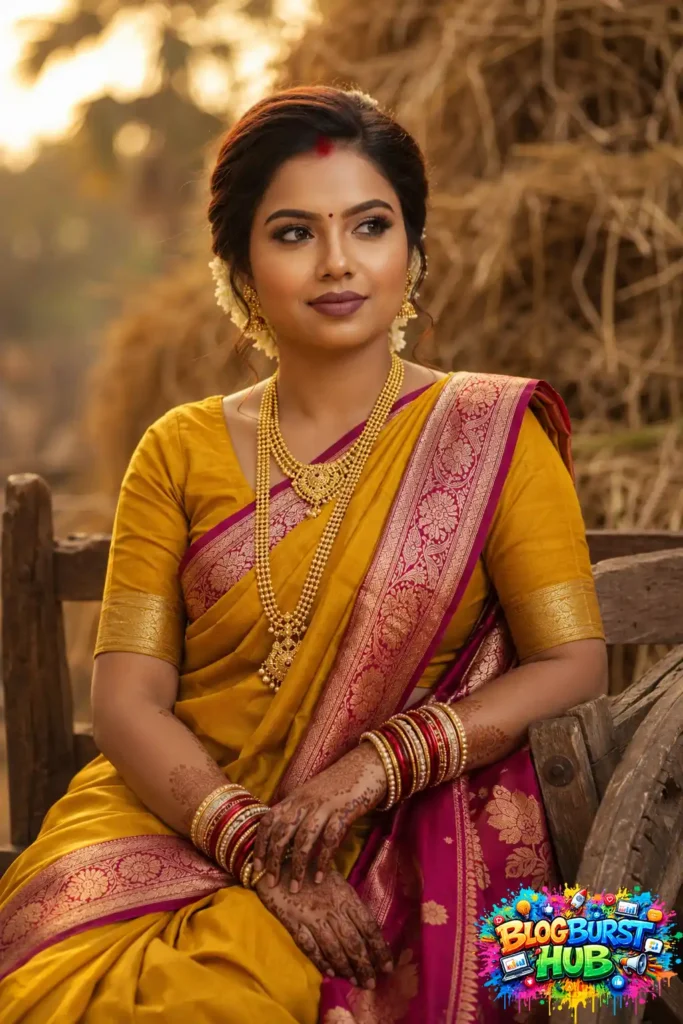 Indian woman in a mustard yellow and pink saree wearing traditional gold jewelry