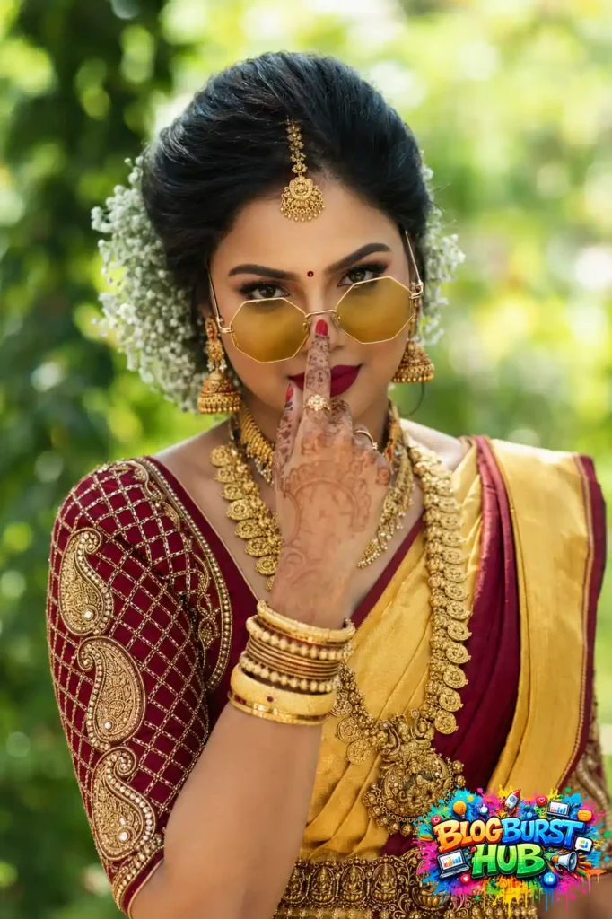 Digital illustration of an Indian woman in a yellow saree with gold jewelry and sunglasses