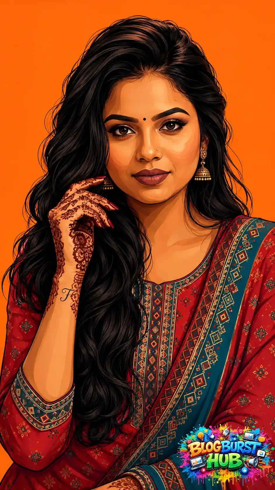 Red and blue saree digital illustration of a woman with long hair and henna decorated hands