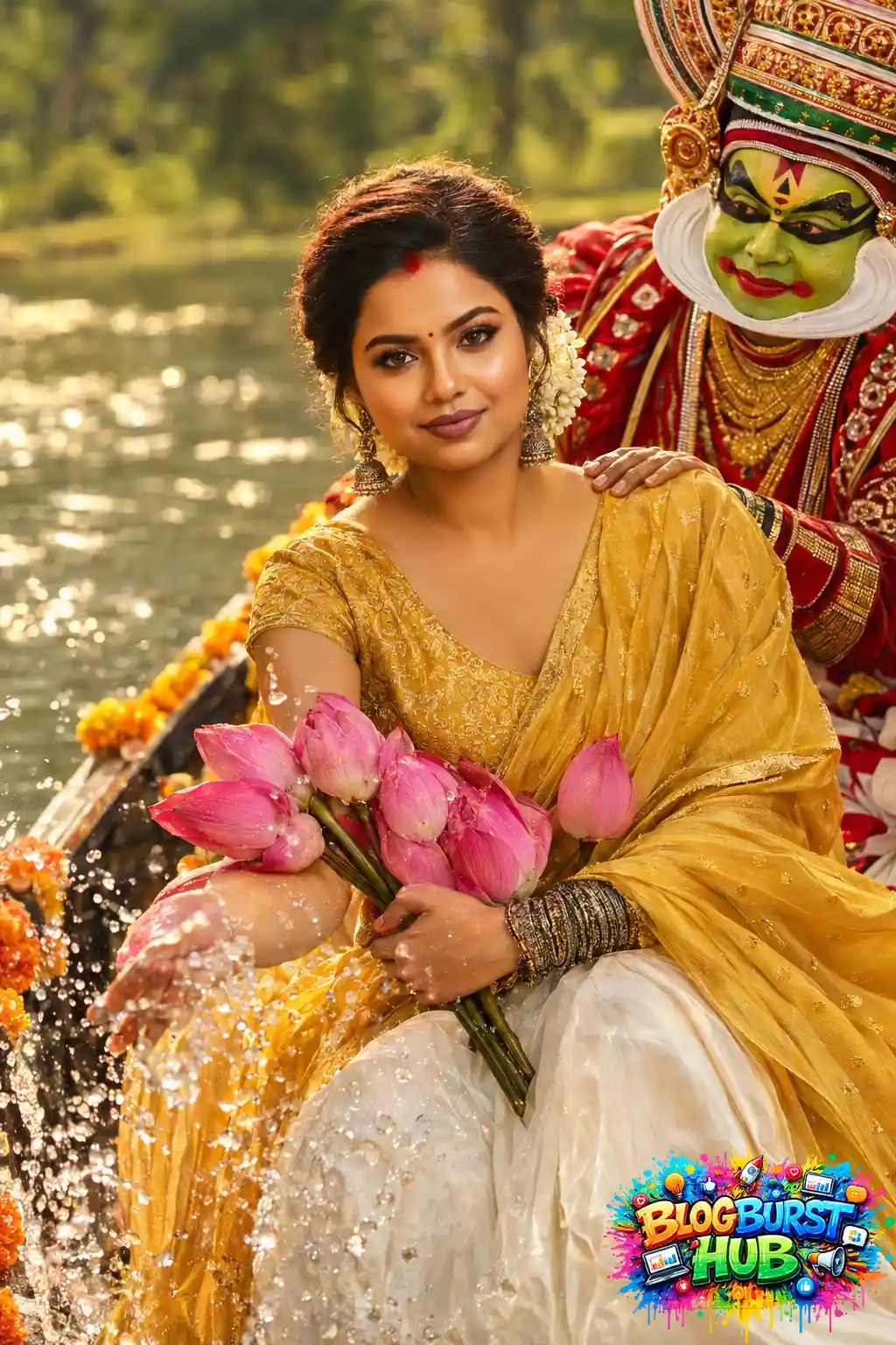Woman in yellow traditional outfit posing with Kathakali performer near water
