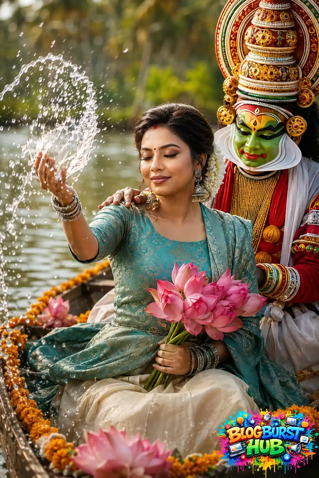 Woman holding pink lotus flowers on decorated Kerala boat with Kathakali artist