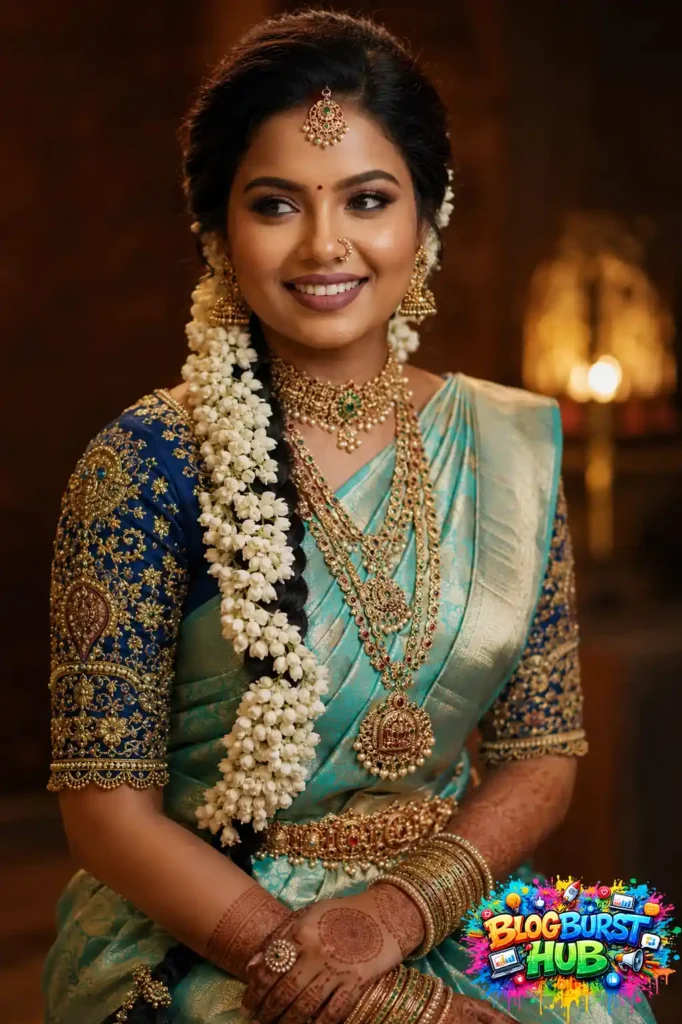 Turquoise-blue saree with jasmine braid