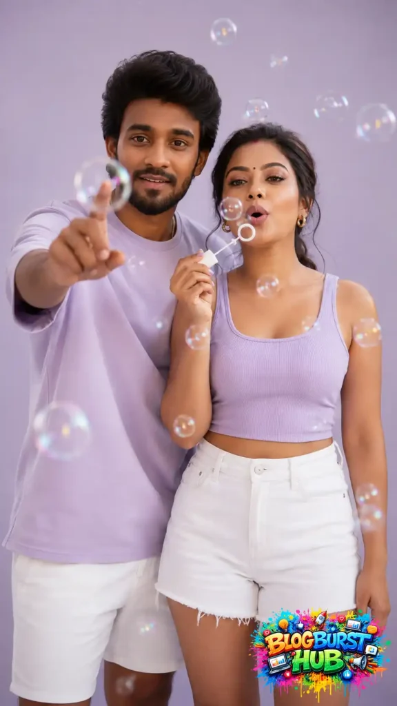 Romantic AI-generated couple surrounded by floating bubbles with pastel purple background.