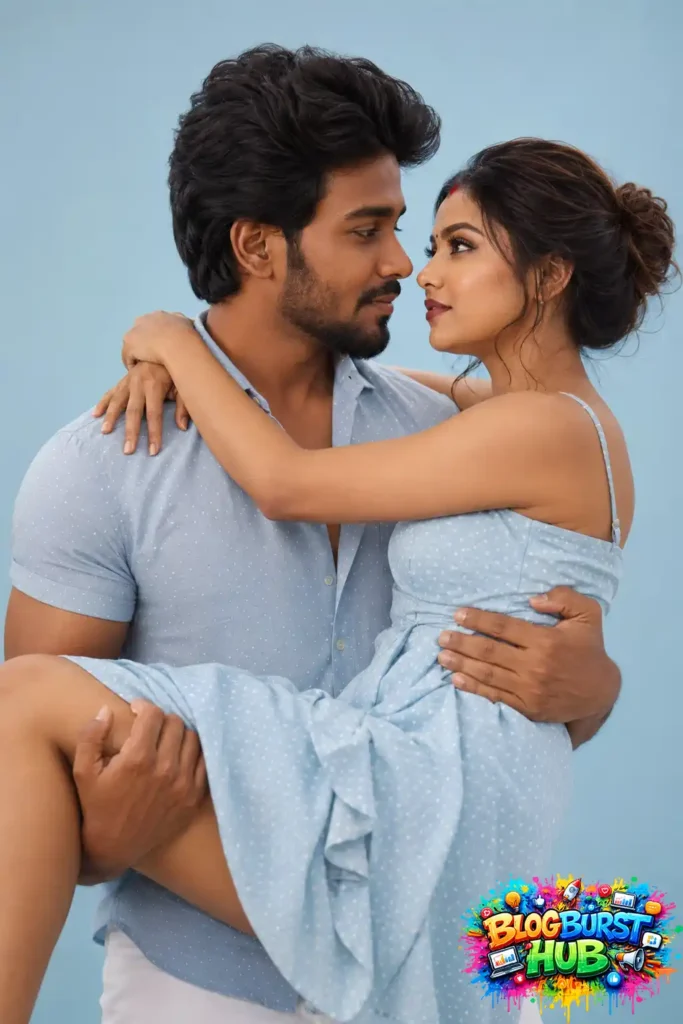 Realistic AI couple where the man carries his partner in a romantic pose against a soft blue background.