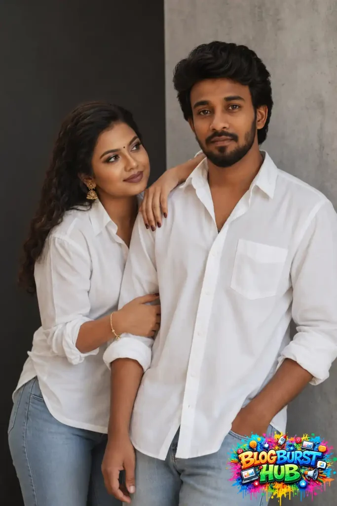 Stylish AI-generated couple wearing white shirts and denim jeans in a modern portrait.