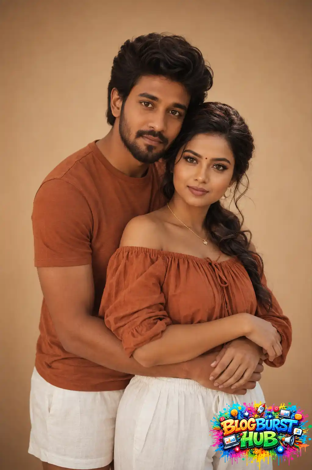 Realistic AI-generated couple embracing in matching earth-tone outfits with a warm neutral background.