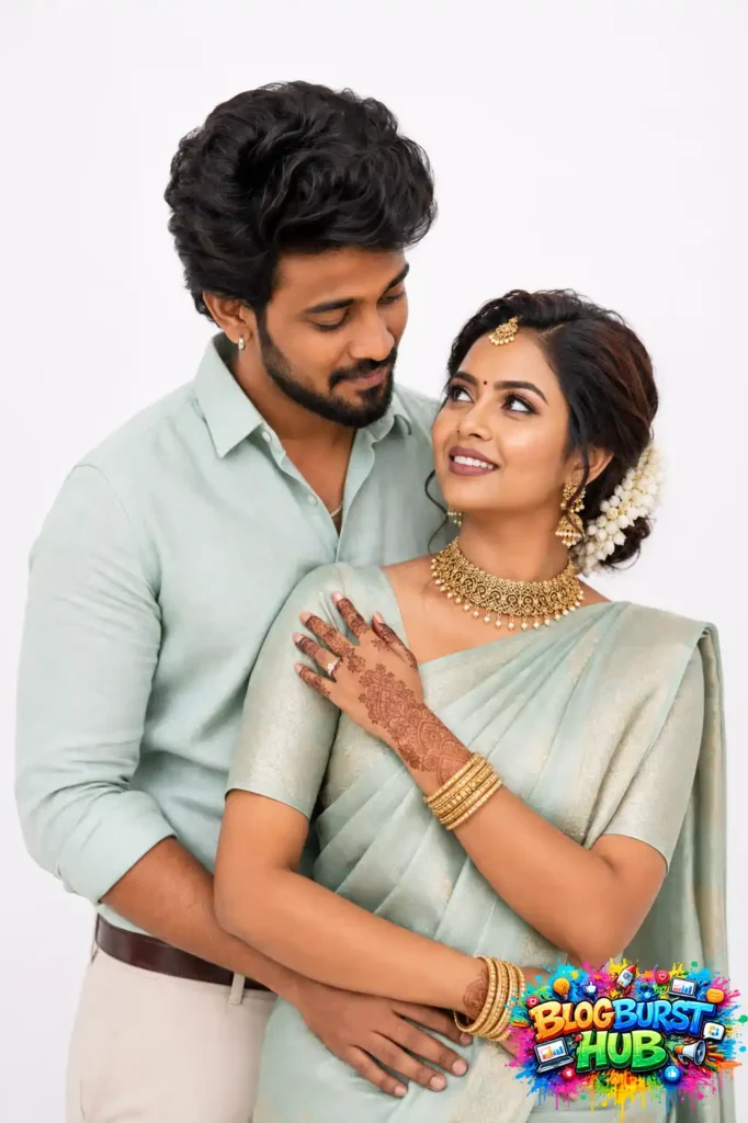 Beautiful Indian couple wearing traditional attire with elegant jewelry and realistic AI photography style.