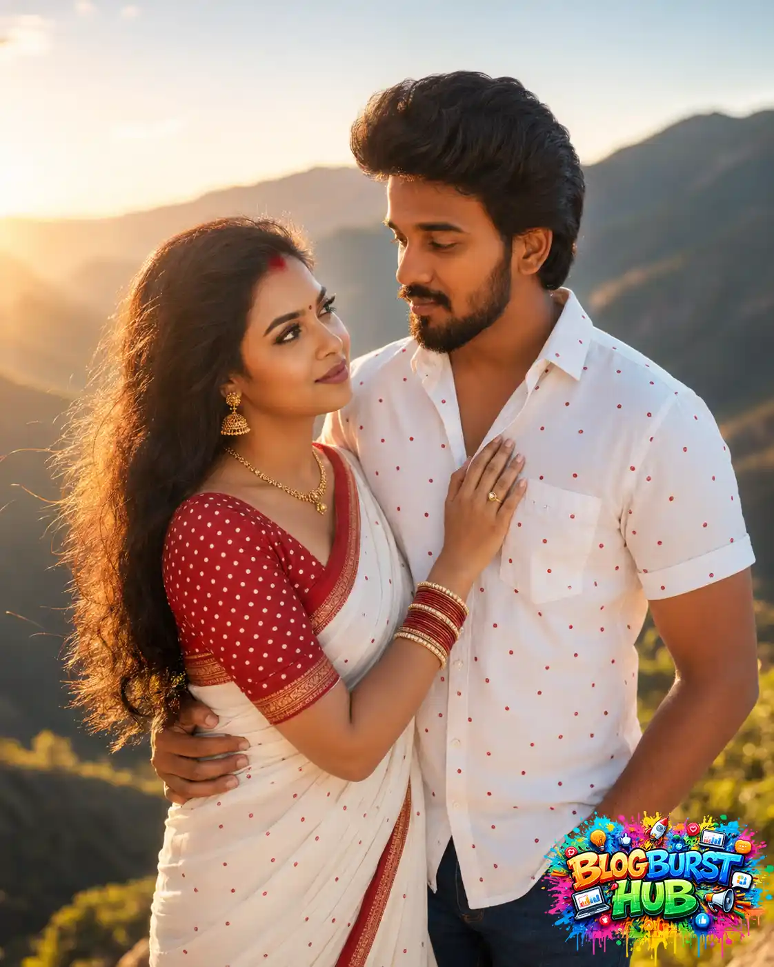 Romantic couple standing together during sunset in the mountains wearing traditional Indian outfits.