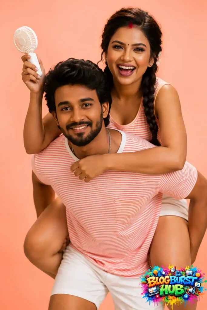 Happy AI-generated couple smiling while enjoying a playful piggyback pose against a peach background.