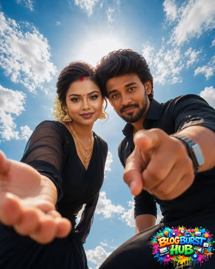 Stylish AI-generated couple pointing toward the camera under a dramatic blue sky with cinematic lighting.