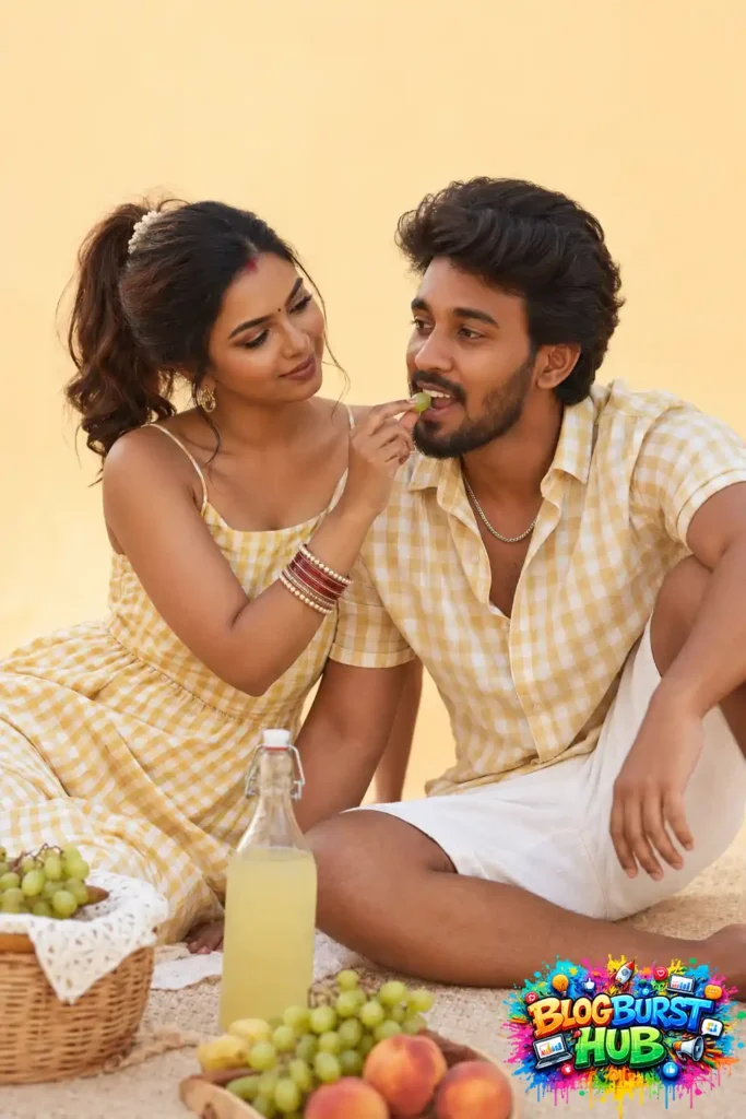 Romantic AI-generated couple enjoying a picnic while sharing grapes during golden hour with a realistic cinematic background.