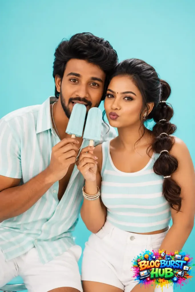 Cute AI couple enjoying blue popsicles in matching summer outfits against a turquoise background.
