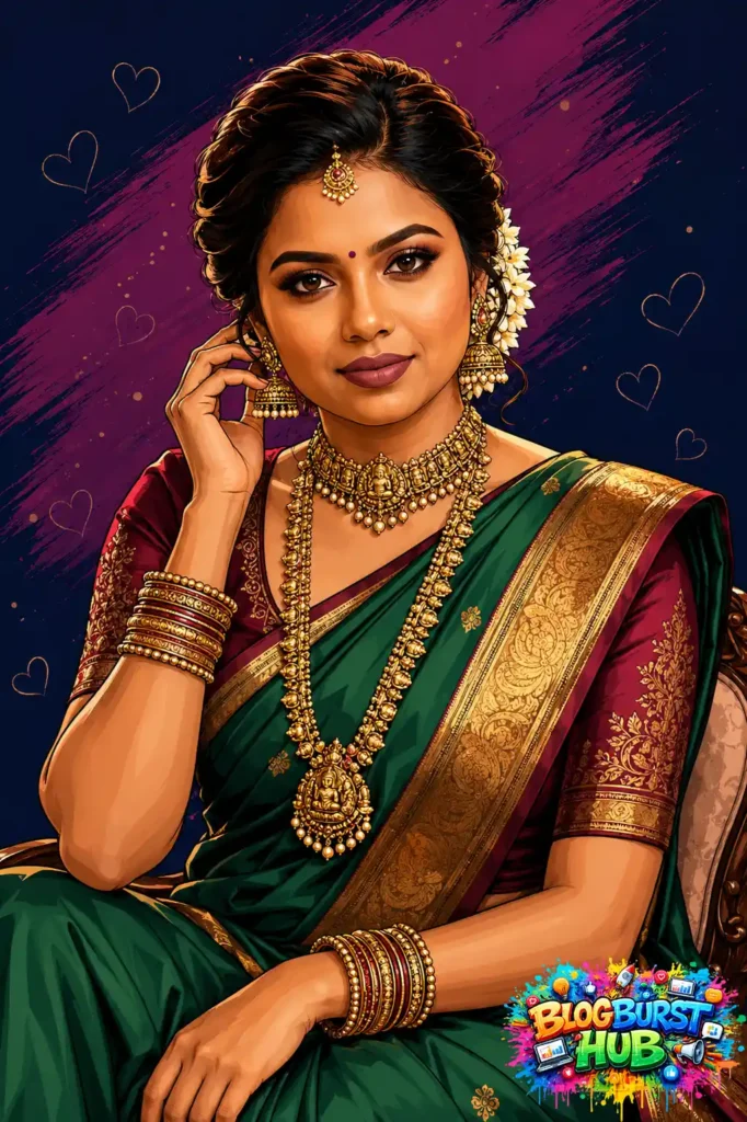 Stylized digital illustration of a woman in a green saree with gold jewelry and floral hair accessories