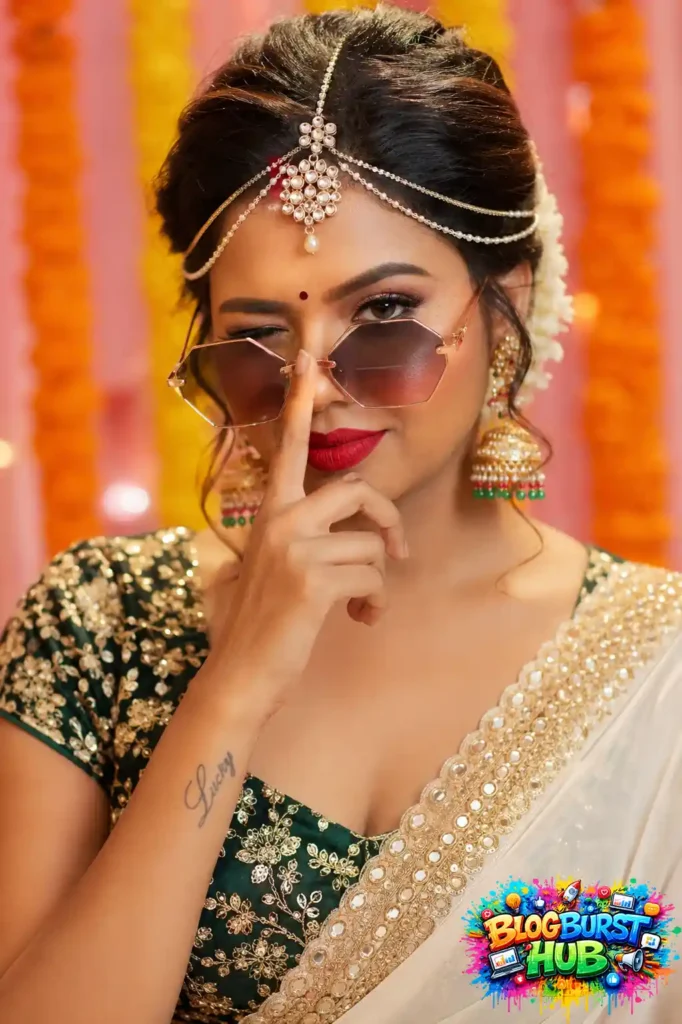 White saree with green blouse, sunglasses