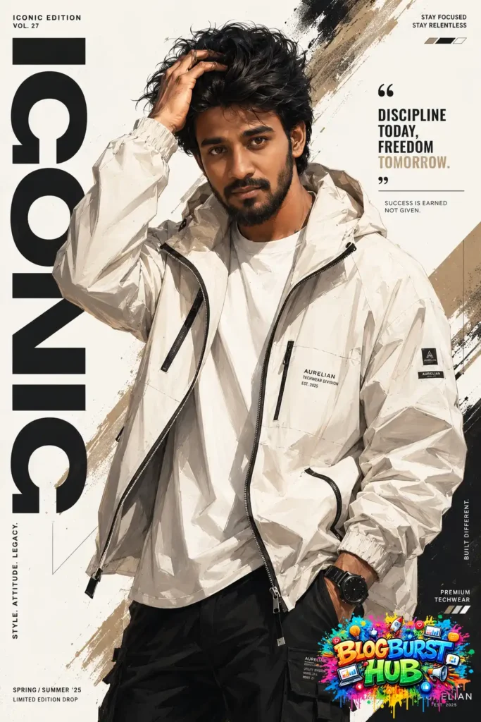 Cinematic AI fashion portrait of a man wearing a white techwear jacket in an editorial poster