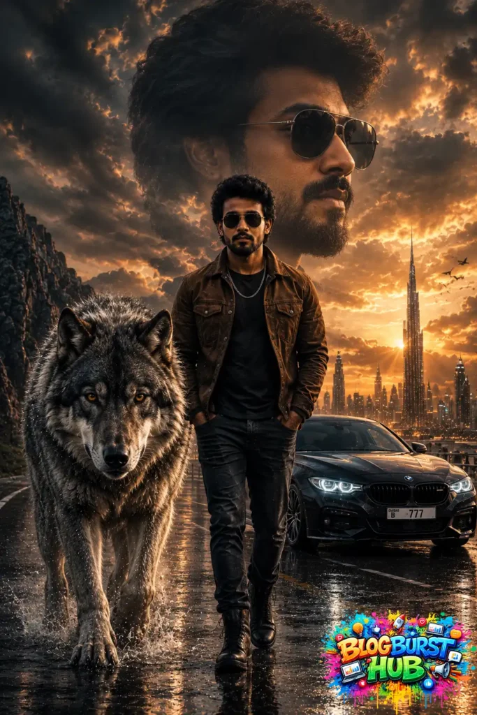 Cinematic AI image of a man walking with a wolf beside a luxury car and Dubai skyline