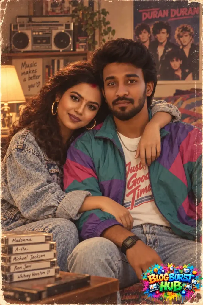 Vintage couple sitting together in an 80s-inspired bedroom surrounded by music memorabilia