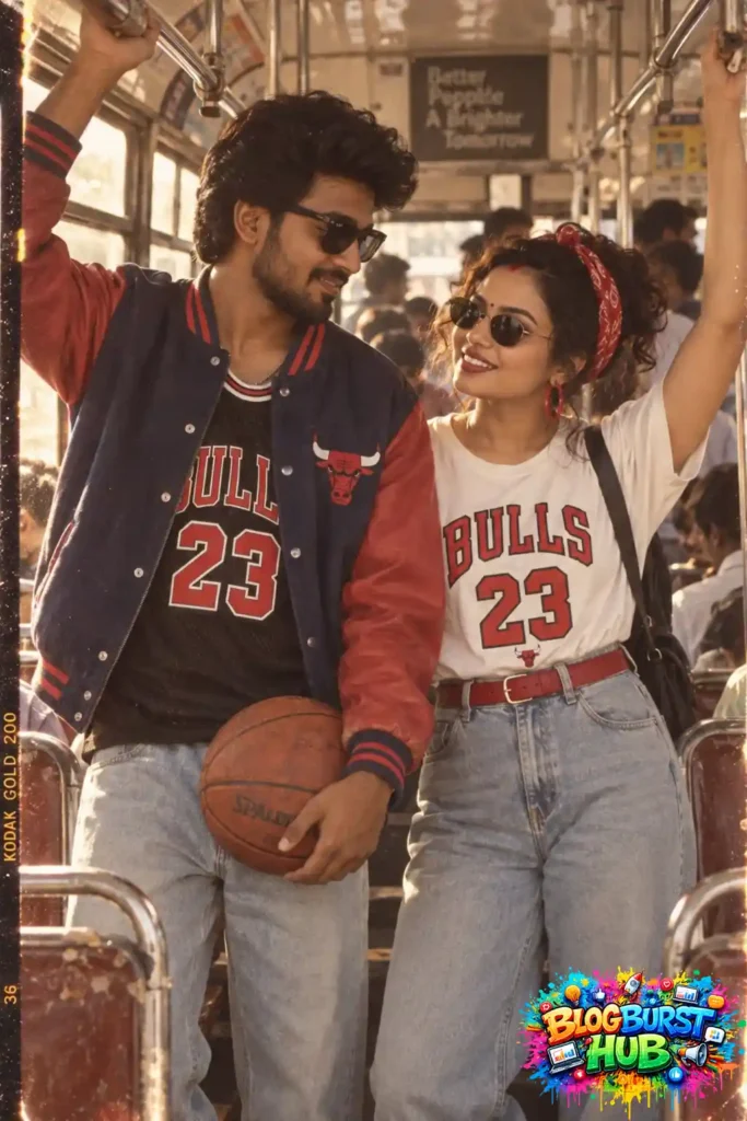 Retro couple wearing matching basketball-inspired outfits on a vintage city bus