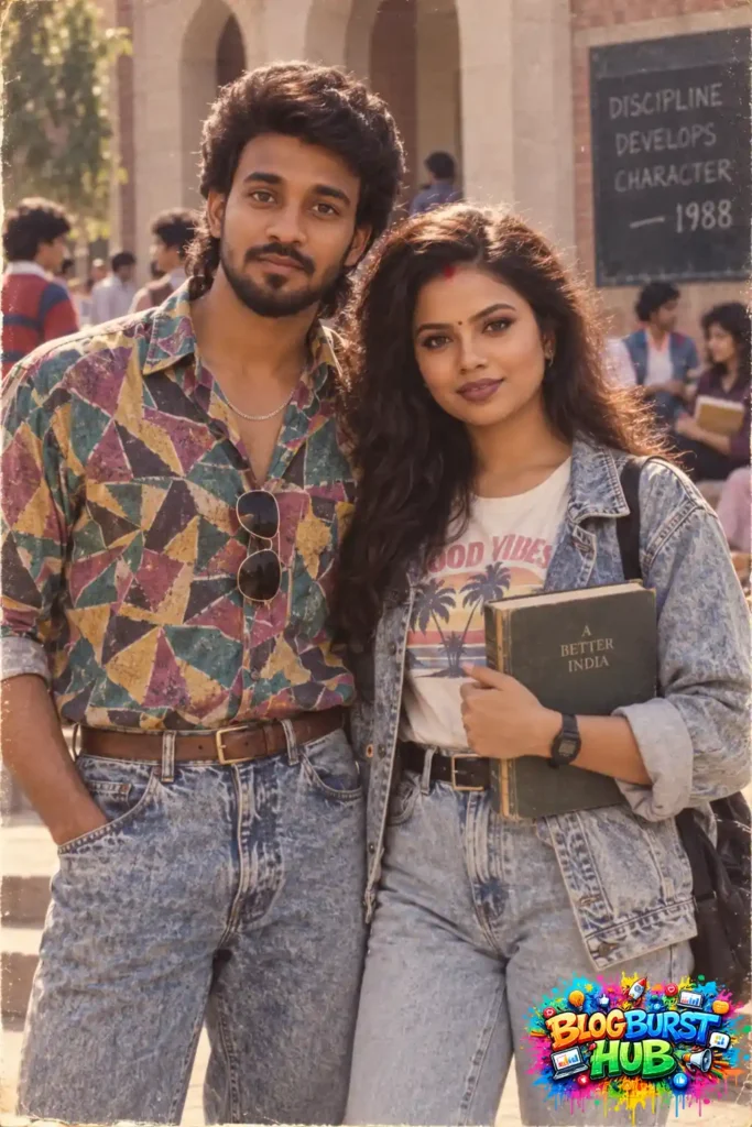 Retro couple posing on a vintage college campus in denim and 80s-inspired outfits