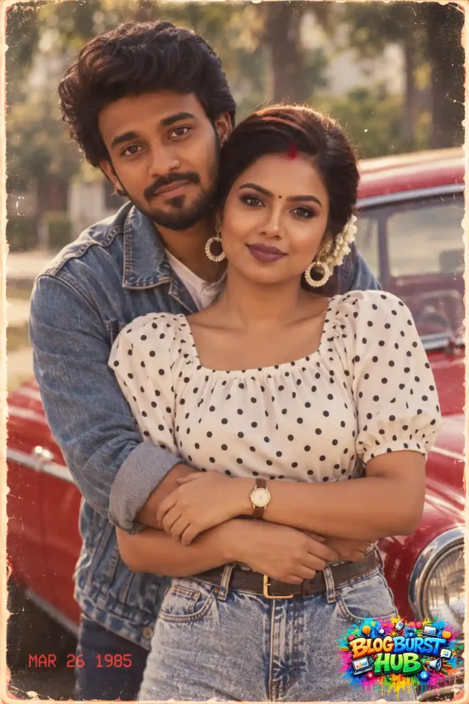 80s-inspired couple posing in front of a classic red vintage car
