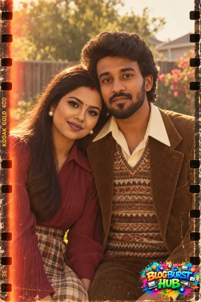 Romantic 80s-inspired couple portrait with vintage film strip borders