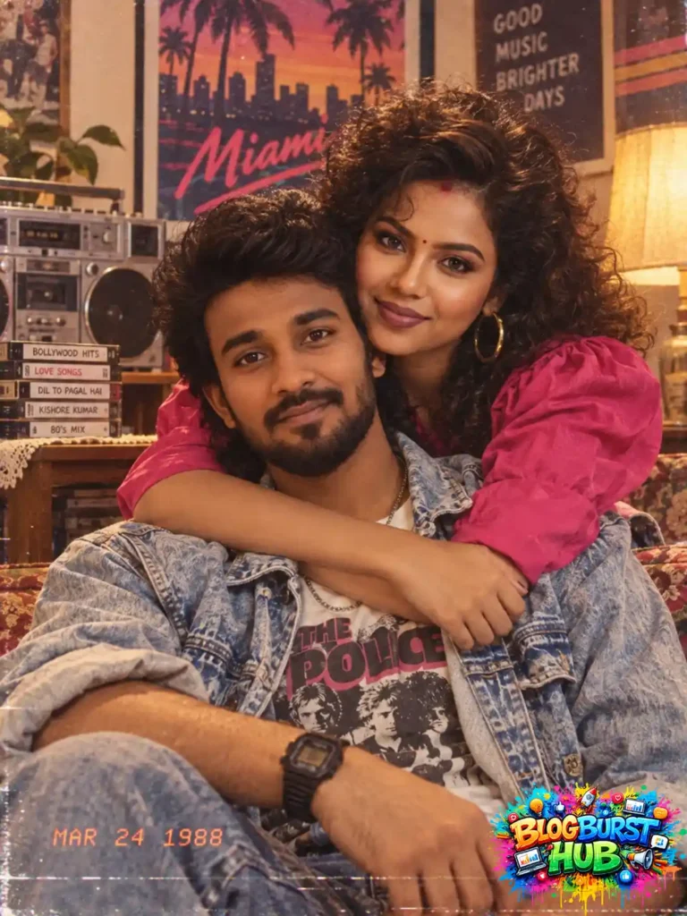 Romantic 80s-inspired couple relaxing together in a vintage home